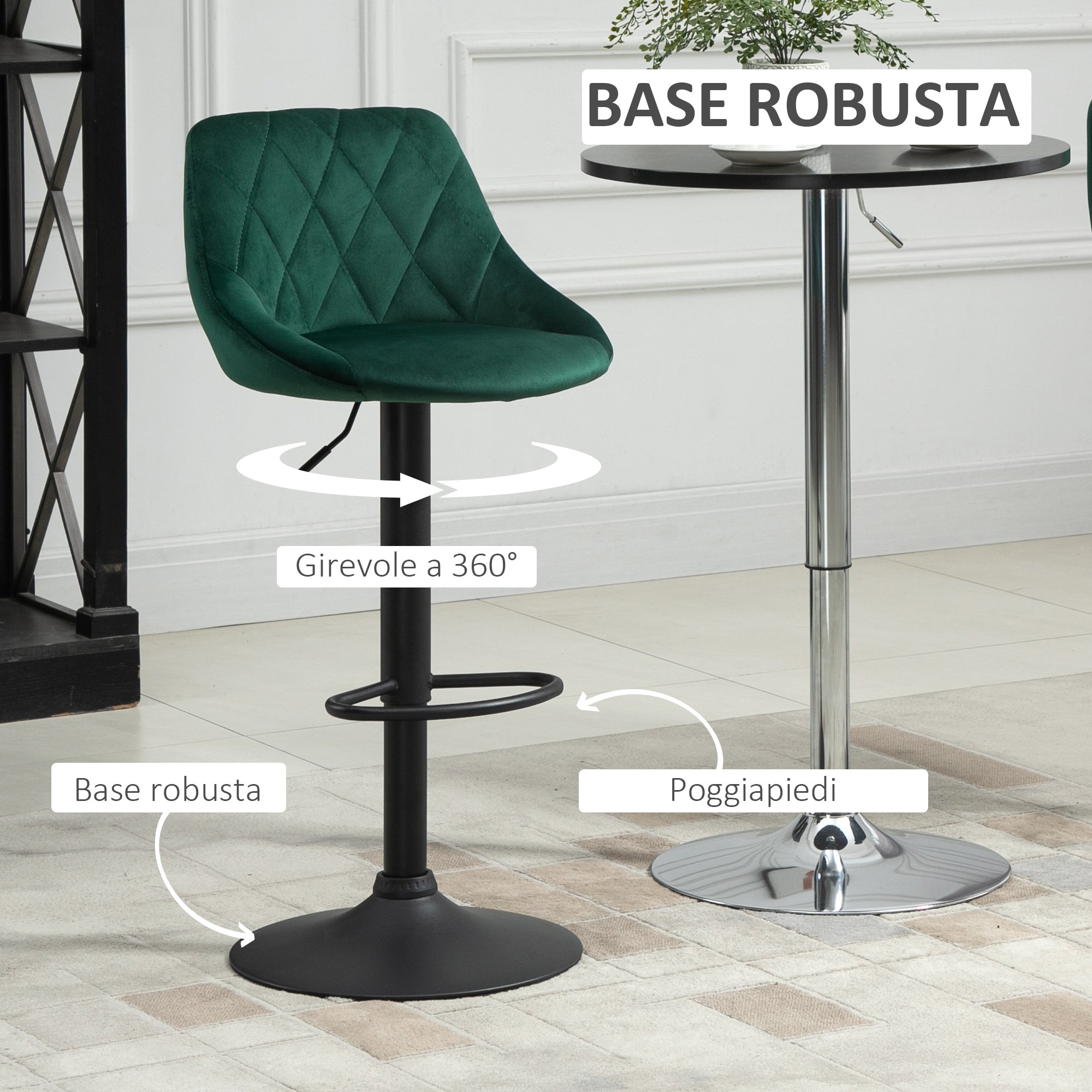 Set 2 swivel design bar stools with adjustable height of velvet - green effect coating - Borgè