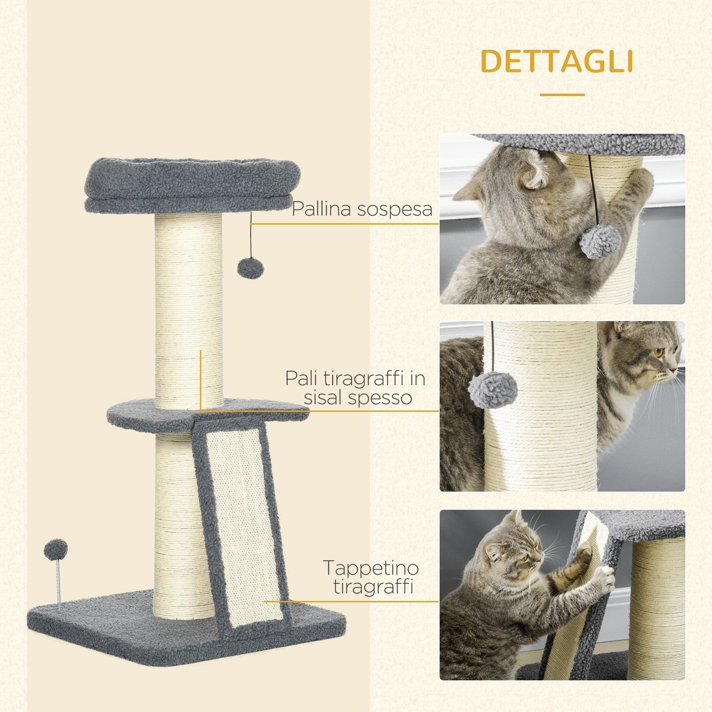 Cat Tree for cats with Scratch Pole , 48x48x92 cm - Borgè