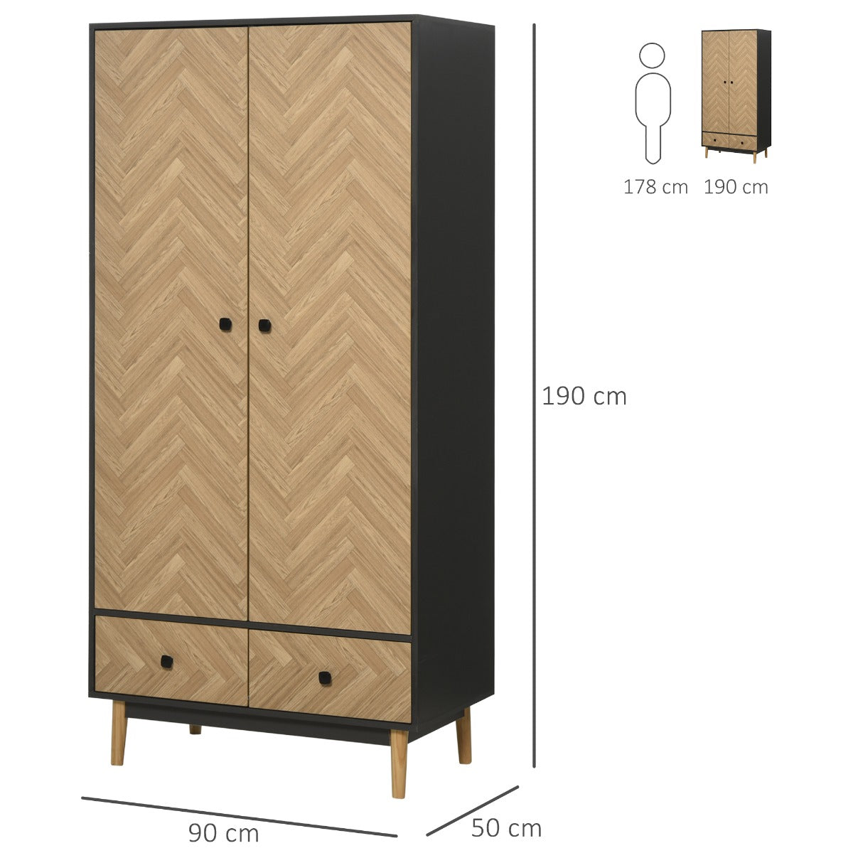 wardrobe with two wooden doors: 4 rooms, 2 hangers and dark Grey drawers - Borgè