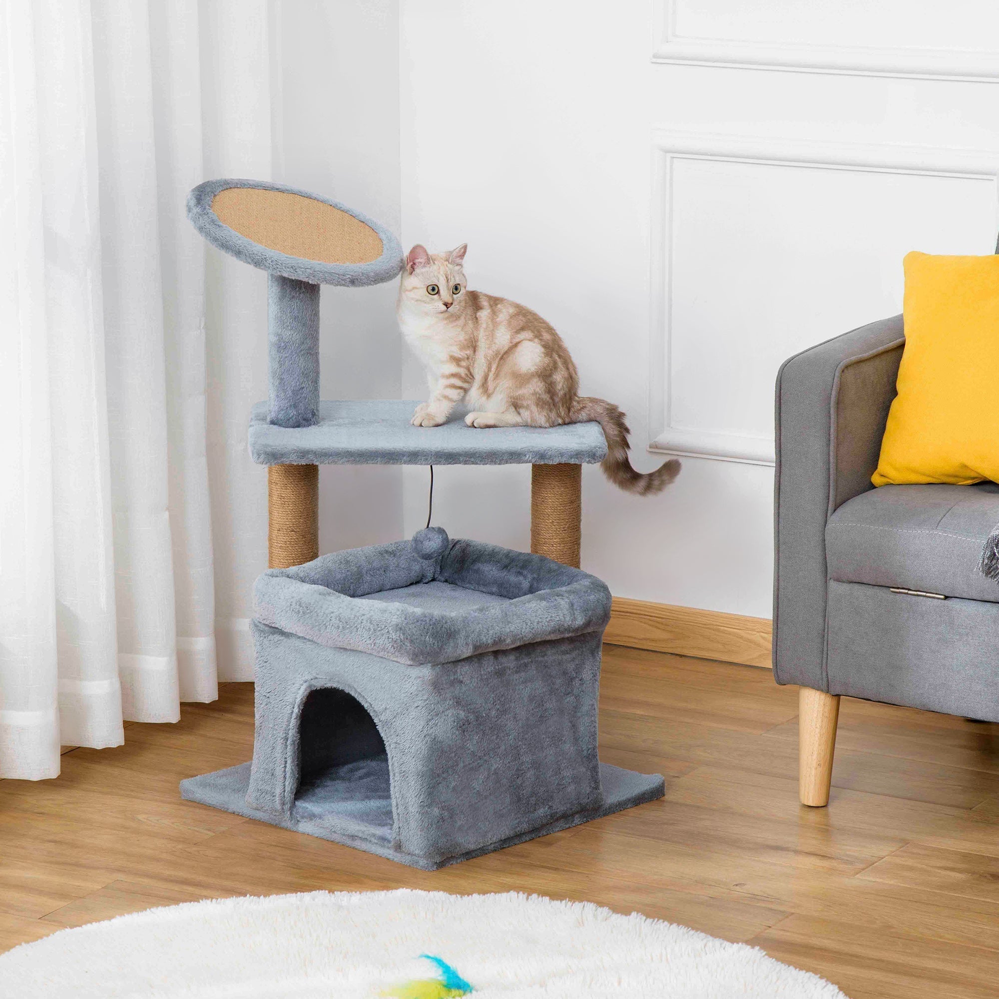 Cat Tree for cats with Scratch Pole and house, height 84cm - Grey - Borge' Group Limited