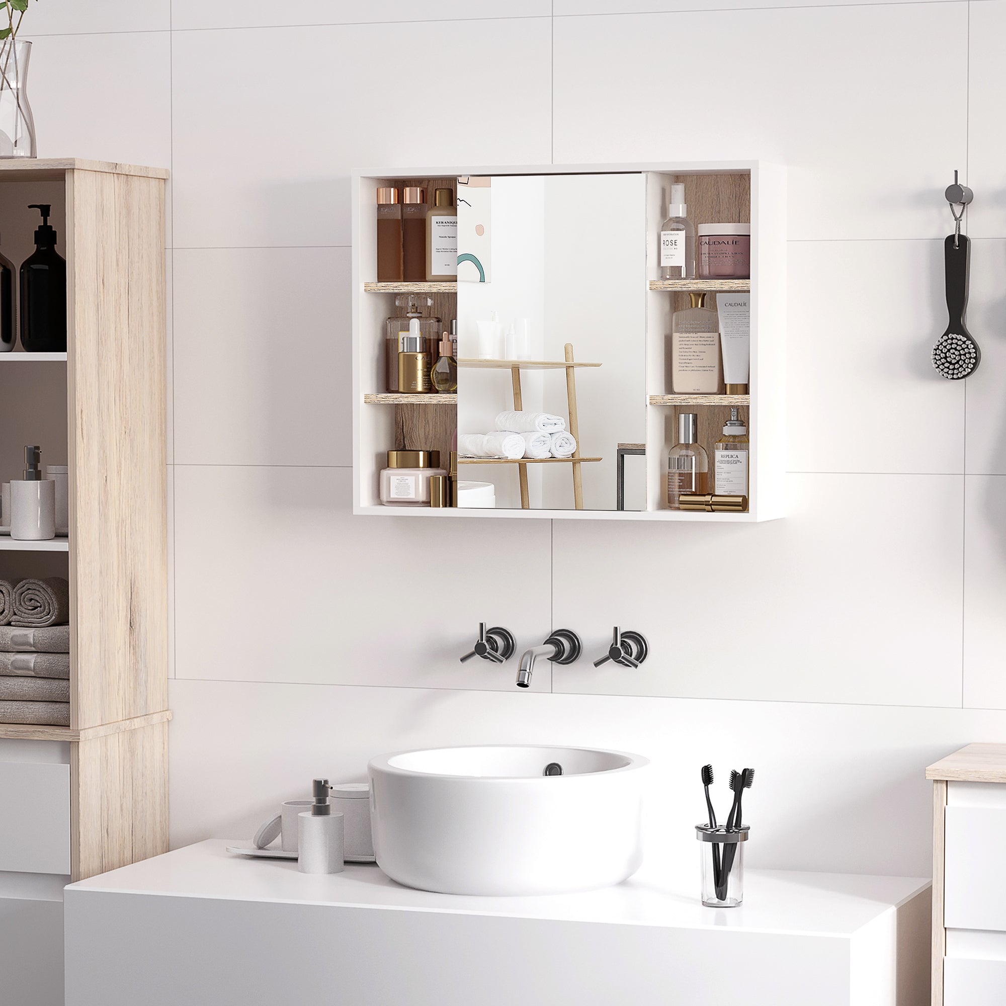Homcom cabinet with mdf mirror and chipboard with 3 side shelves and internal adjustable shelf, 60x14.5x49.4 cm - Borgè