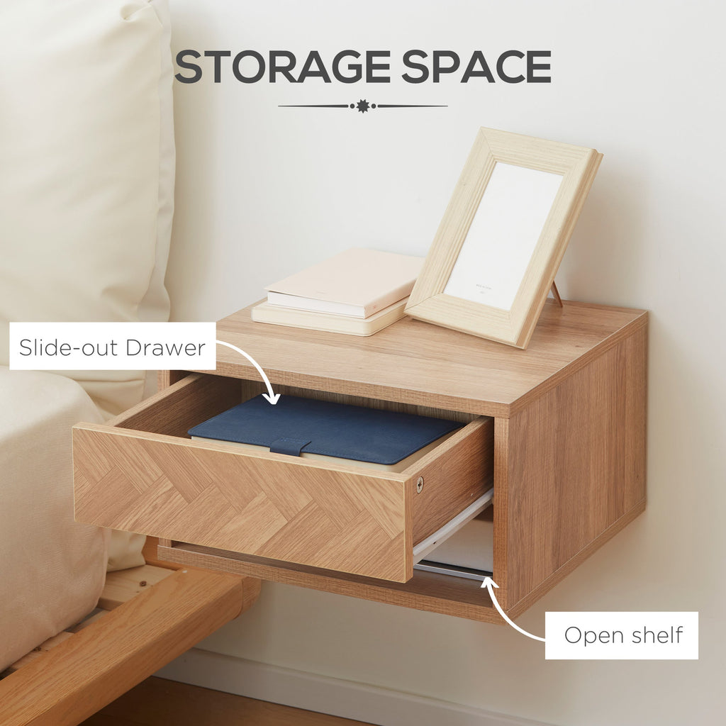 Set 2 modern bedside tables suspended with drawer and wooden shelf 37x32x21cm, natural color - Borgè