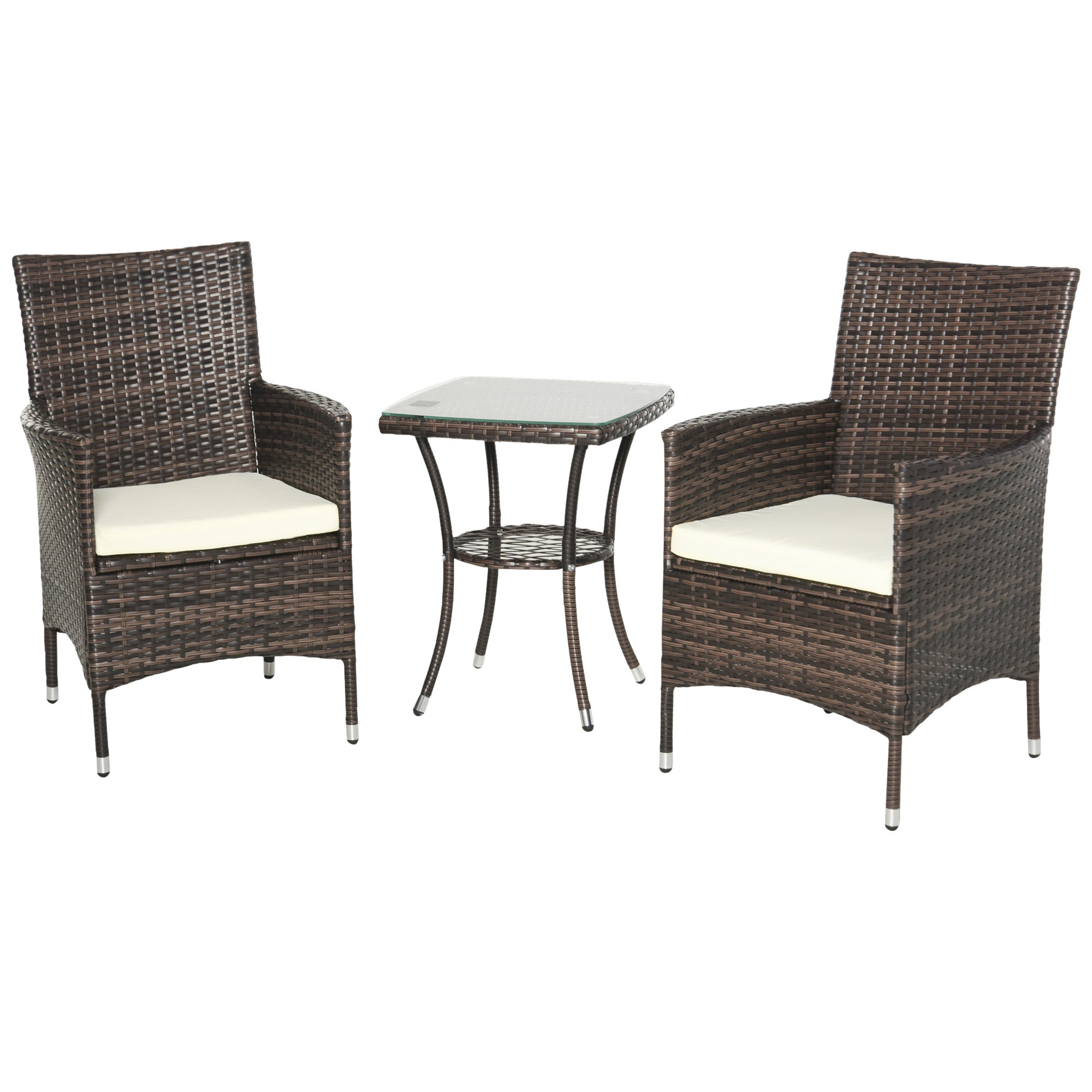 Rattan Garden Furniture Set, 3-Piece Table and 2 Chairs with Cushions, Brown - Borge' Group Limited