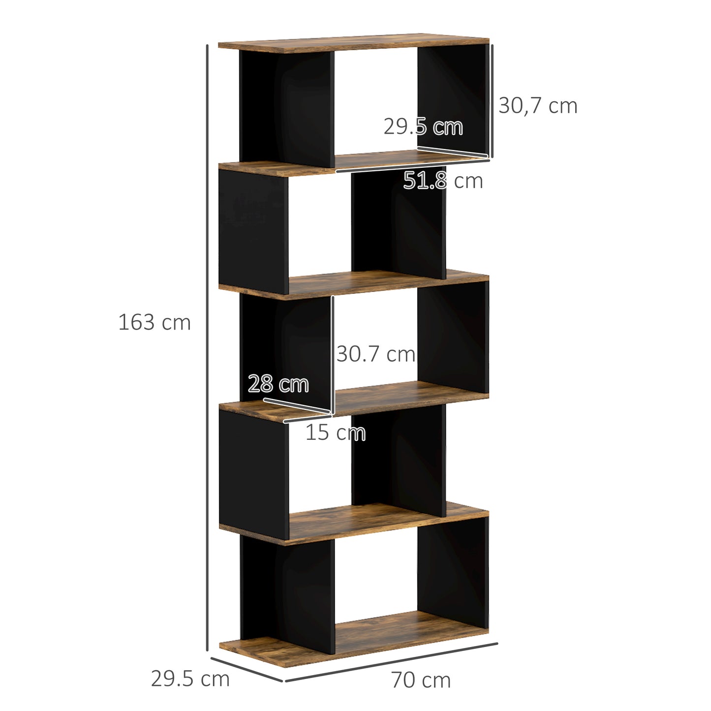 Homonda Modern Asymmetrical Wall Library with 5 Wooden shelves, 70x29.5x163cm, Rustic brown - Borgè