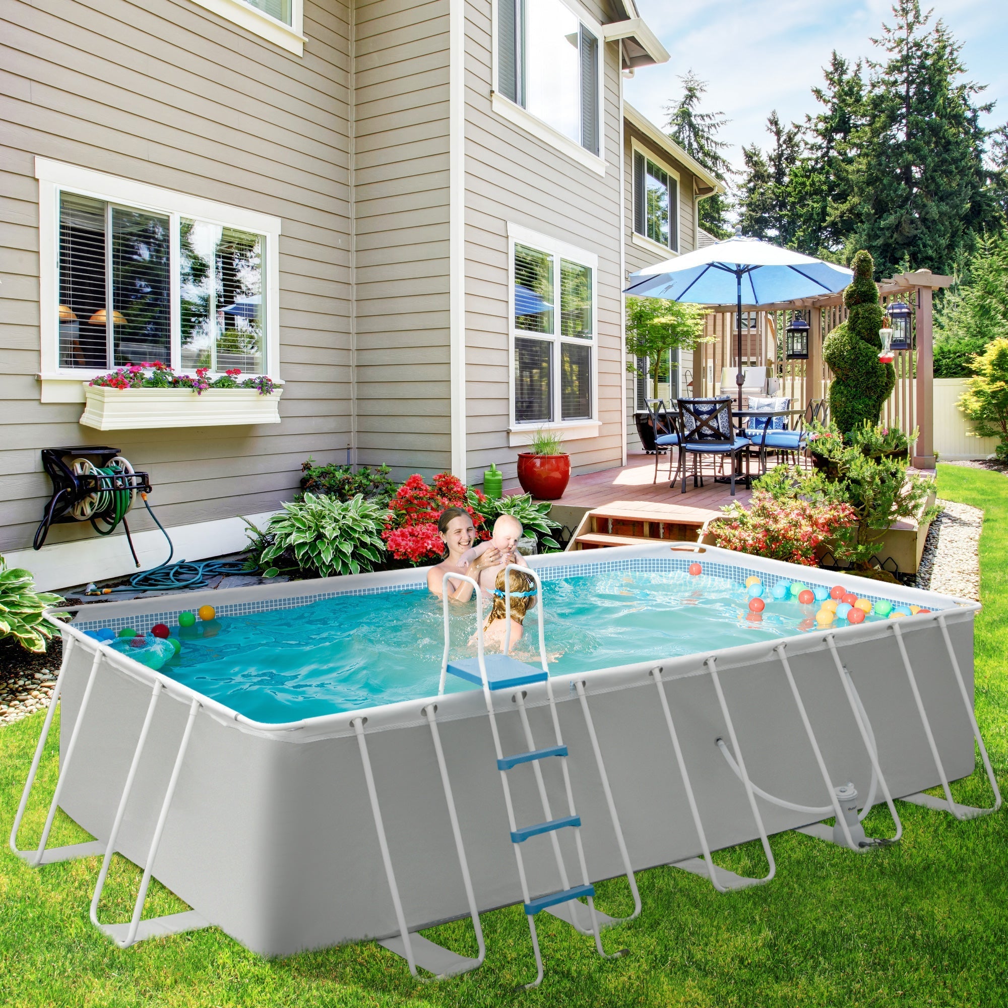 Above Ground Pool in Steel and Reinforced PVC with Filter, 580x310x122cm, Light Grey - Borge' Group Limited
