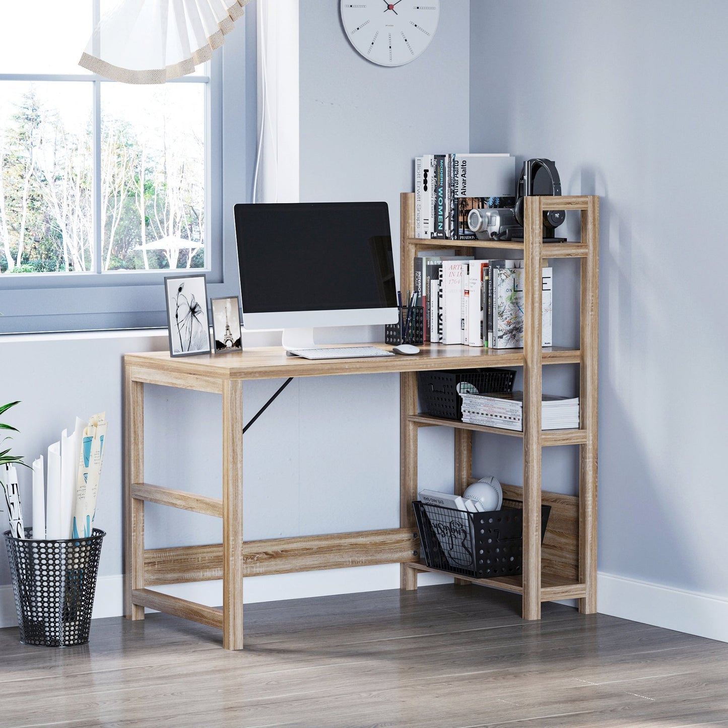 Desk saving with side library and 3 oak wooden shelves