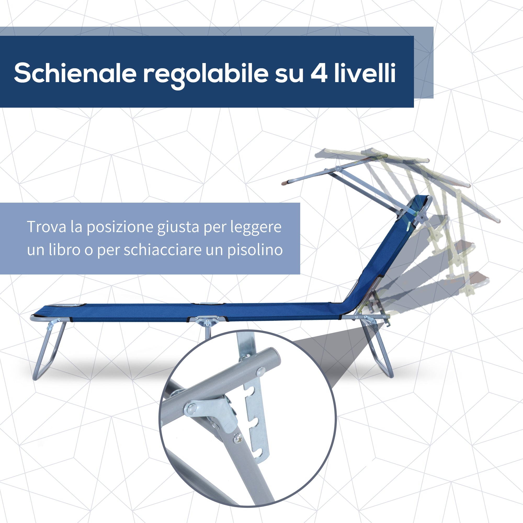 Garden Sun Lounger, Folding and Adjustable Deck Chair with Blue Fabric Canopy, 187x58x36cm - Borge' Group Limited