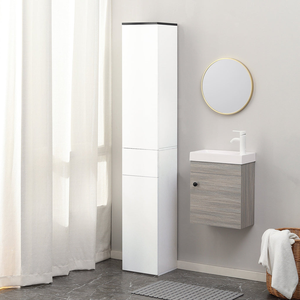 Kleankin Bathroom cabinet with adjustable shelf, 2 closed shelves and a wooden drawer, 30x28x180 cm, white - Borgè