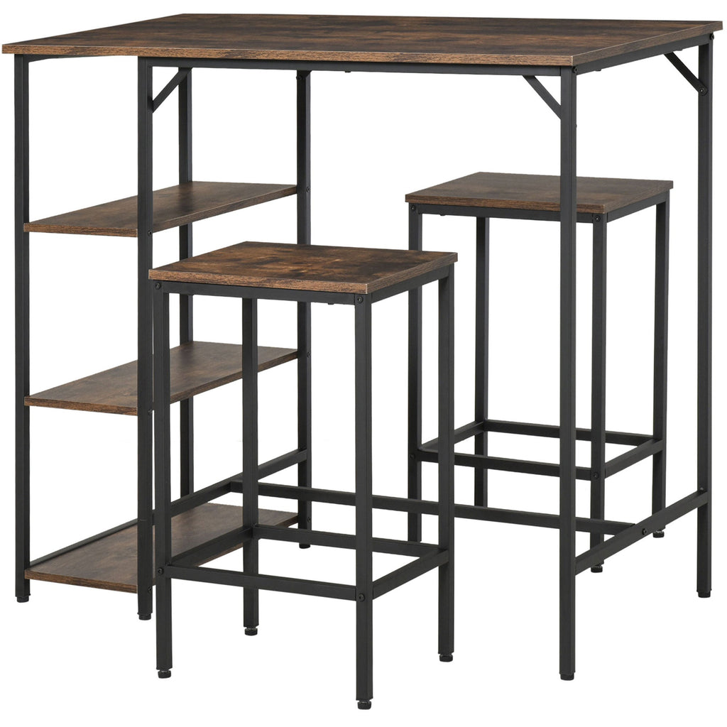 RUSTIC Bar with 2 Stools set | Shelf in Metal and Rustic Brown Wood - Borgè