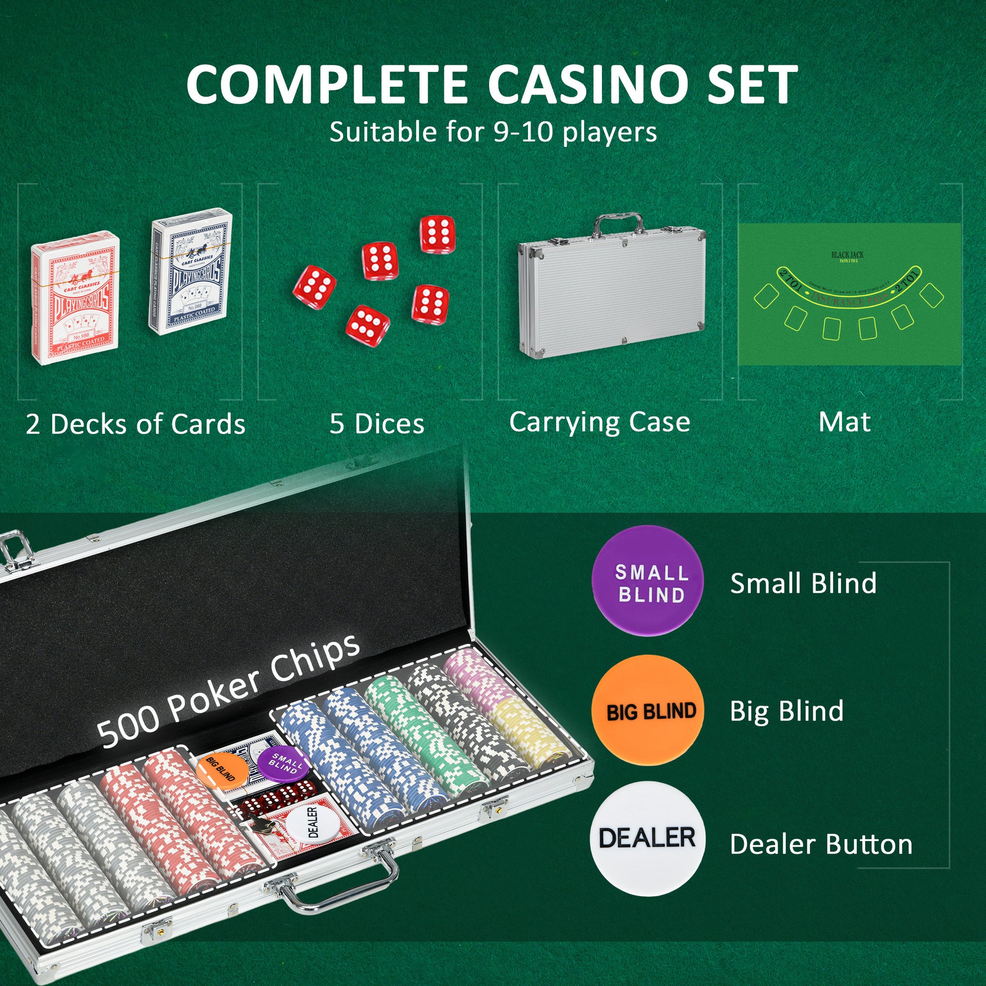 SportNow Set Poker for 9-10 players with 500 chips, 2 decks of cards and 5 dice, aluminum and polyester - Borgè