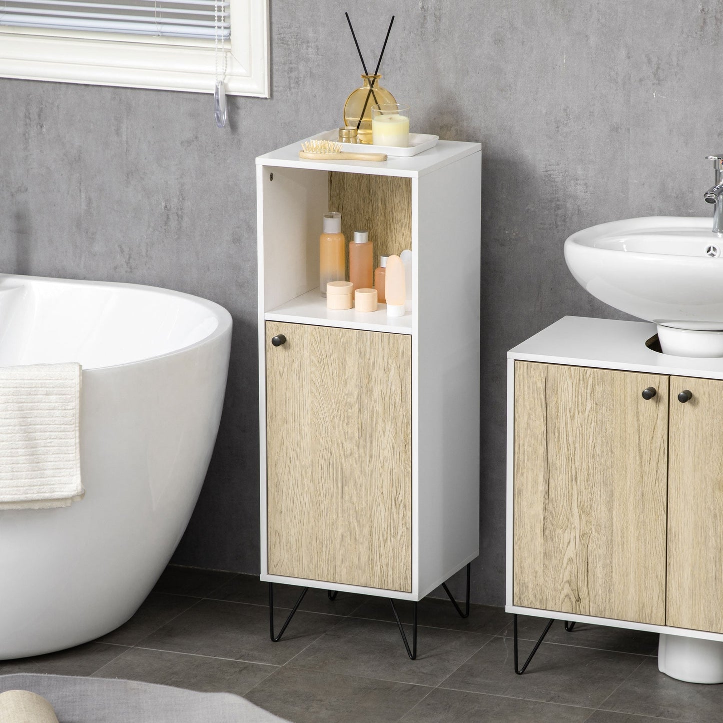 Kleankin Bathroom cabinet with open shelf and cabinet with wooden door, 31.5x30x91cm, oak and white - Borgè