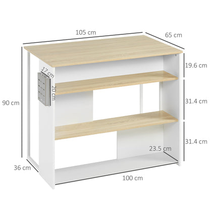 kitchen island with 3 modern style shelves and brings steel knives, 105x65x90 cm white - Borgè