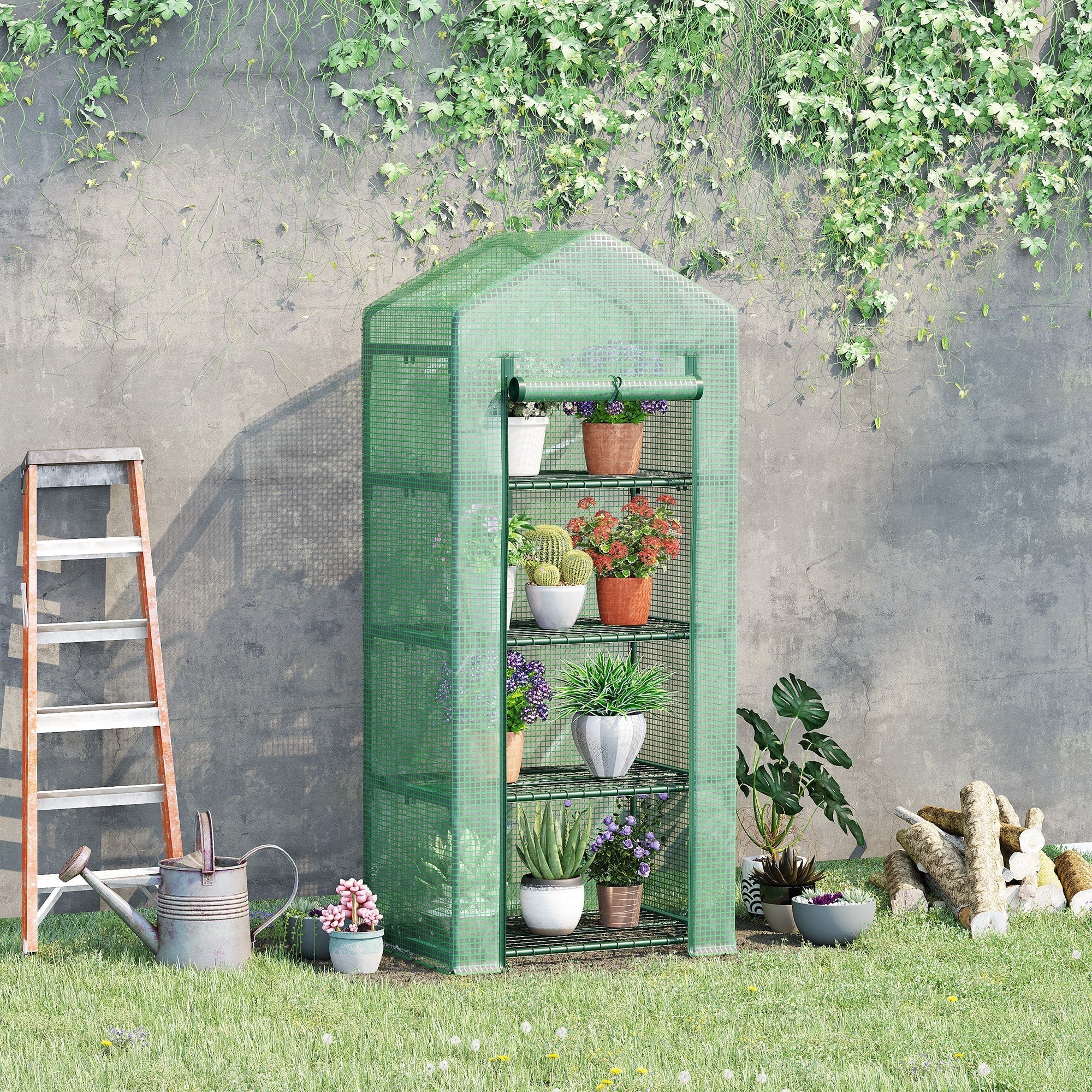 Vertical Plant Greenhouse with 4-Tier Steel and PE Shelf Dark Green, 70x50x160cm - Borge' Group Limited