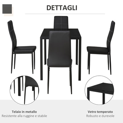 Set 5 pieces with 1 table and 4 kitchen chairs or dining room in the same -like, metal and tempered glass, black - Borgè