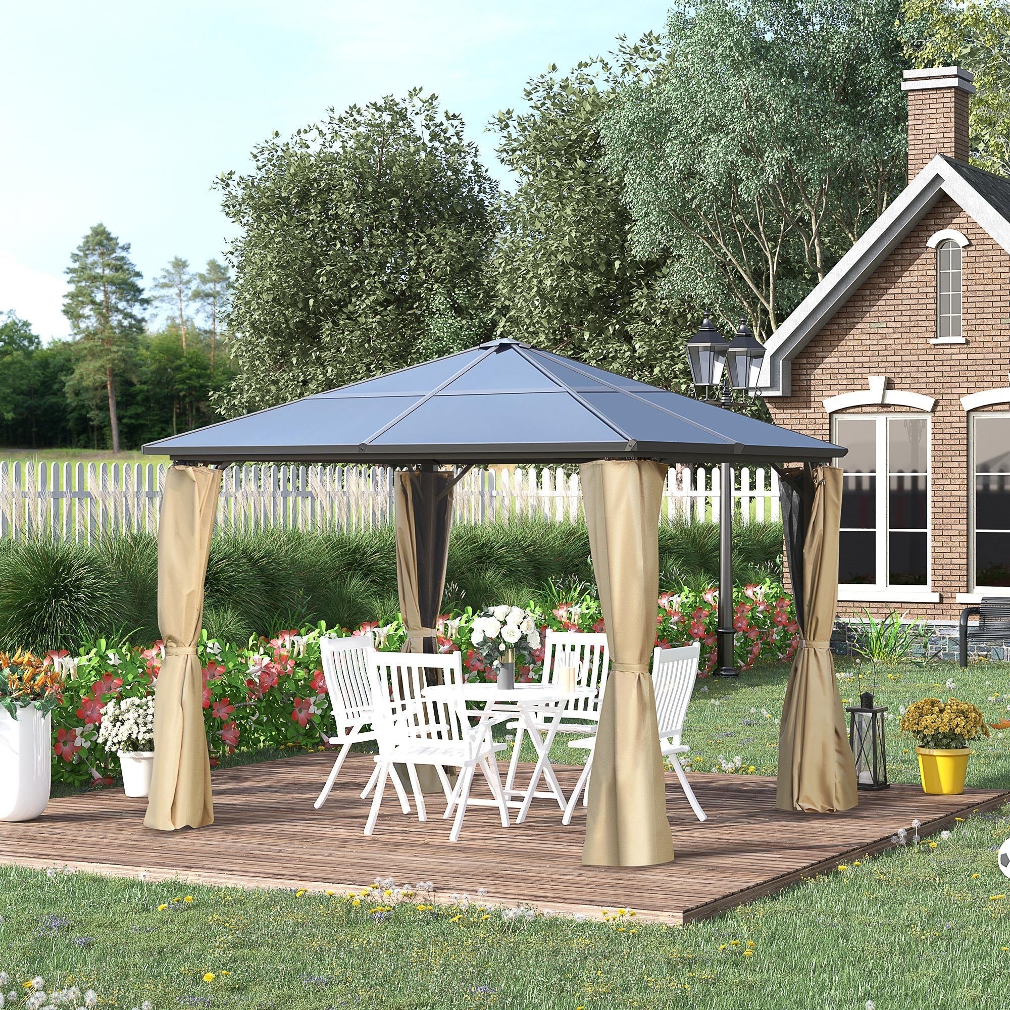 3x3m Garden Gazebo with Polycarbonate Roof and Mosquito Nets, Coffee and Khaki - Borge' Group Limited
