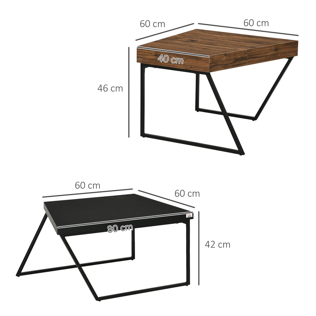 Homcom Set 2 coffee tables in chipboard and steel, black table 80x60x42 cm and brown table 60x60x46 cm - Borgè