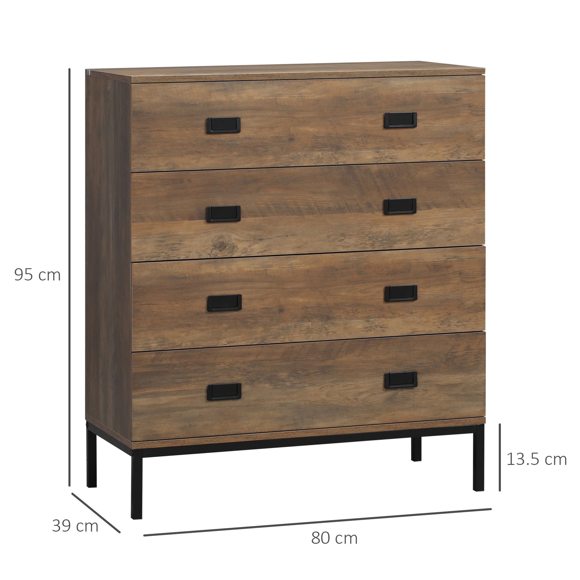 drawer 4 drawers in chipboard and metal for living room and bedroom, 80x39x95 cm, brown - Borgè