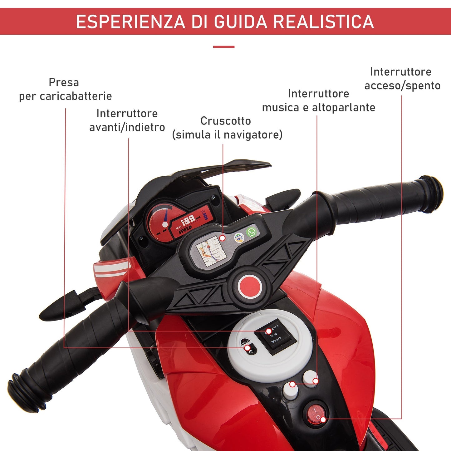 electric motorcycle for children 3-5 years max. 25kg with lights, music, 6v battery and 3km/h speed, 86cmx42cmx52cm red - Borgè