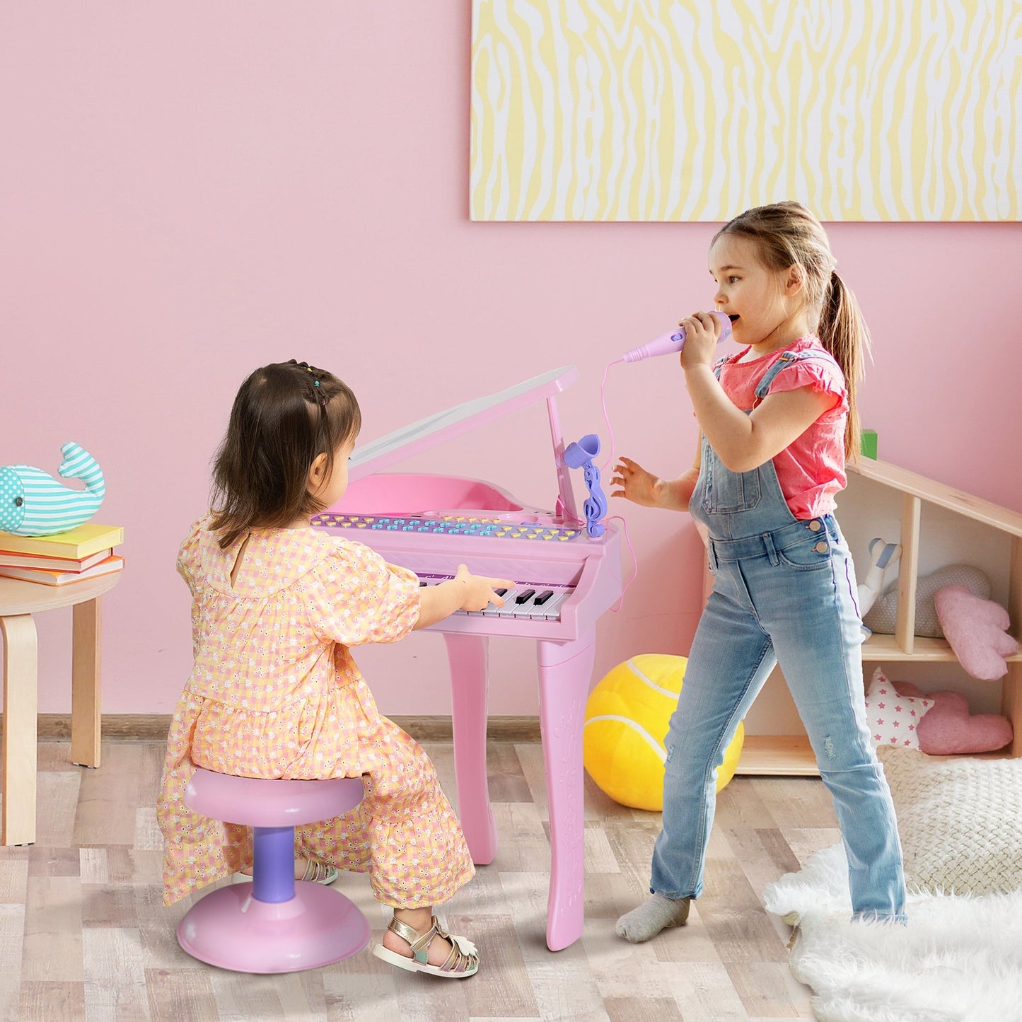 mini piano toy for children with microphone and stool, pink - Borgè