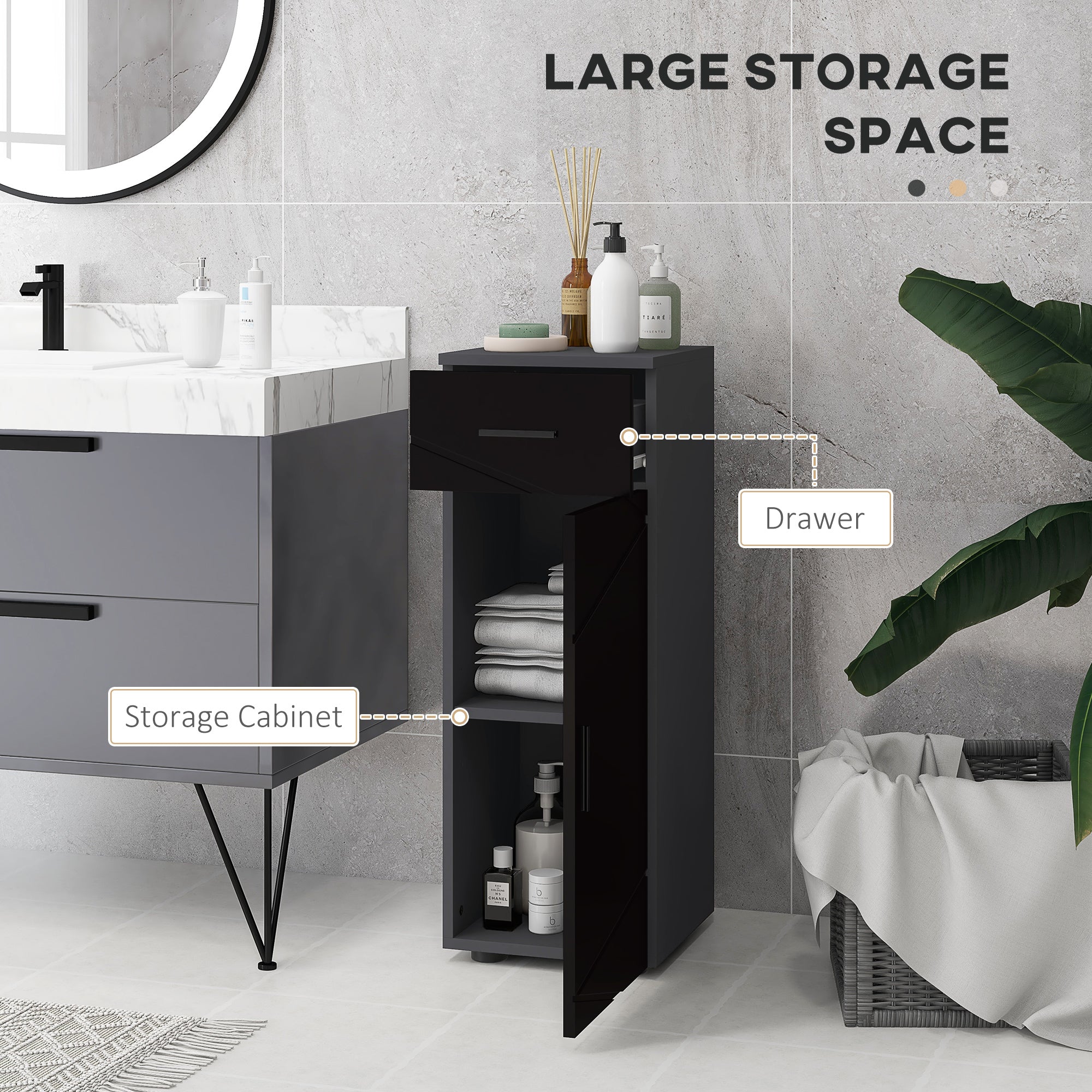 Kleankin Bathroom Cabinet in chipboard with drawer and 2nd levels adjustable, 30x30x82 cm, black and gray - Borgè