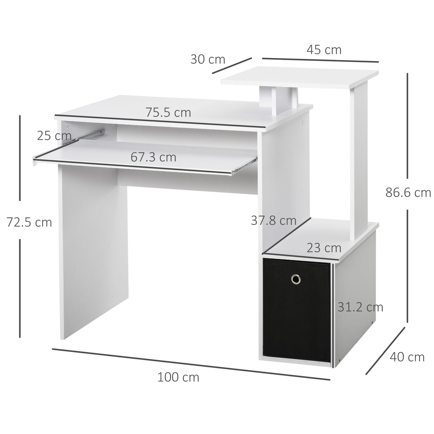 Modern Desk Winer With Keyboard and Fabric Drawer, 100x40x86.6cm, Black and White