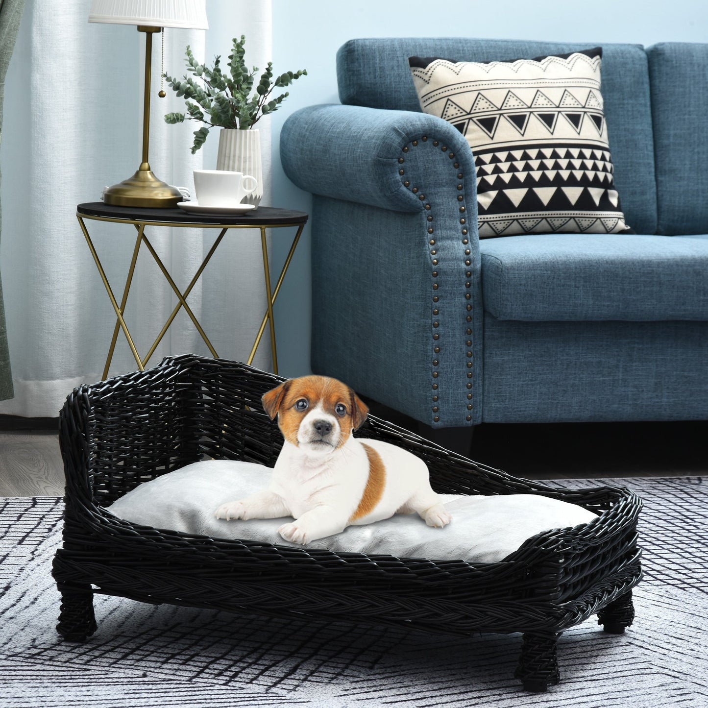 Pawhut cot for dogs pets chaise longue in wicker with black pillow