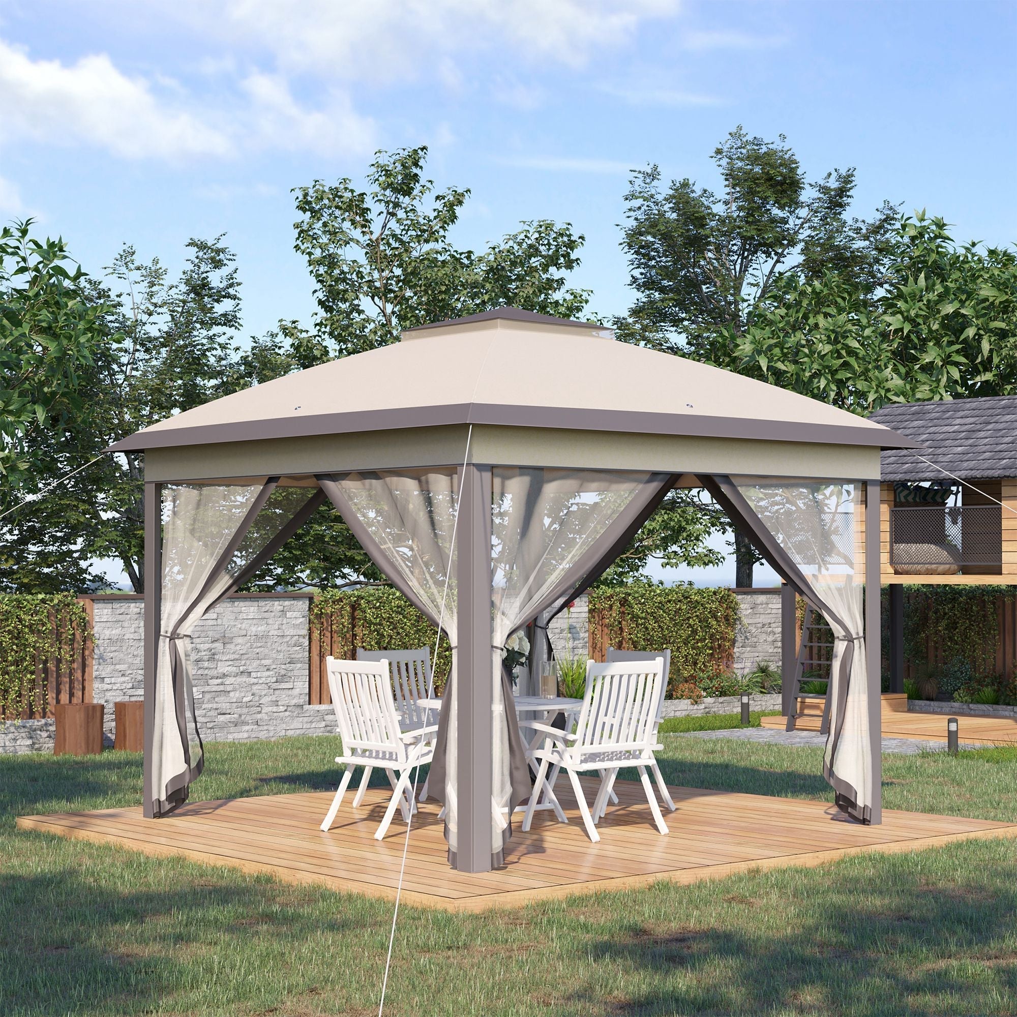 Pop Up Gazebo, Double Roof Foldable Canopy Tent with Zippered Mesh Sidewalls, Height Adjustable and Carrying Bag, Event Tent for Patio Garden Backyard, Beige 330x330x288cm - Borge' Group Limited