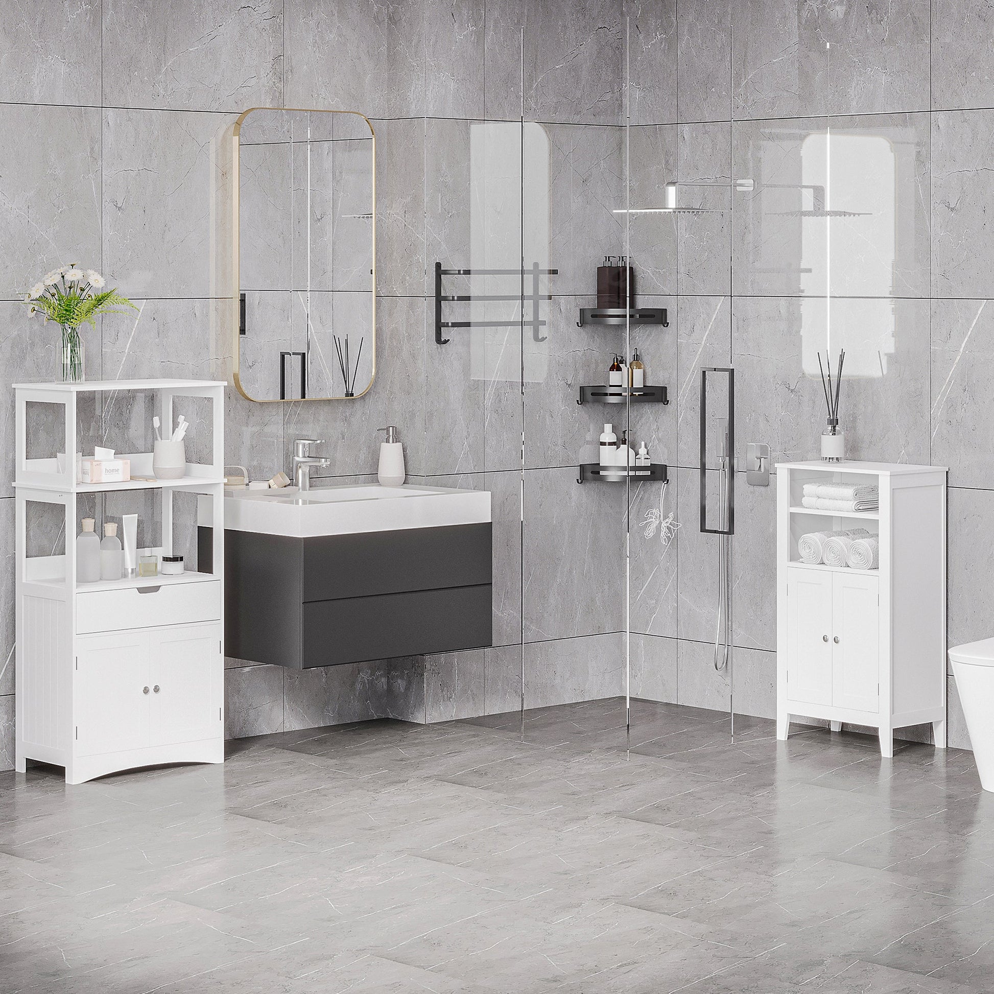 Kleankin Bathroom cabinet with adjustable shelves and cabinet 2 white wooden doors, 50x30x93cm - Borgè