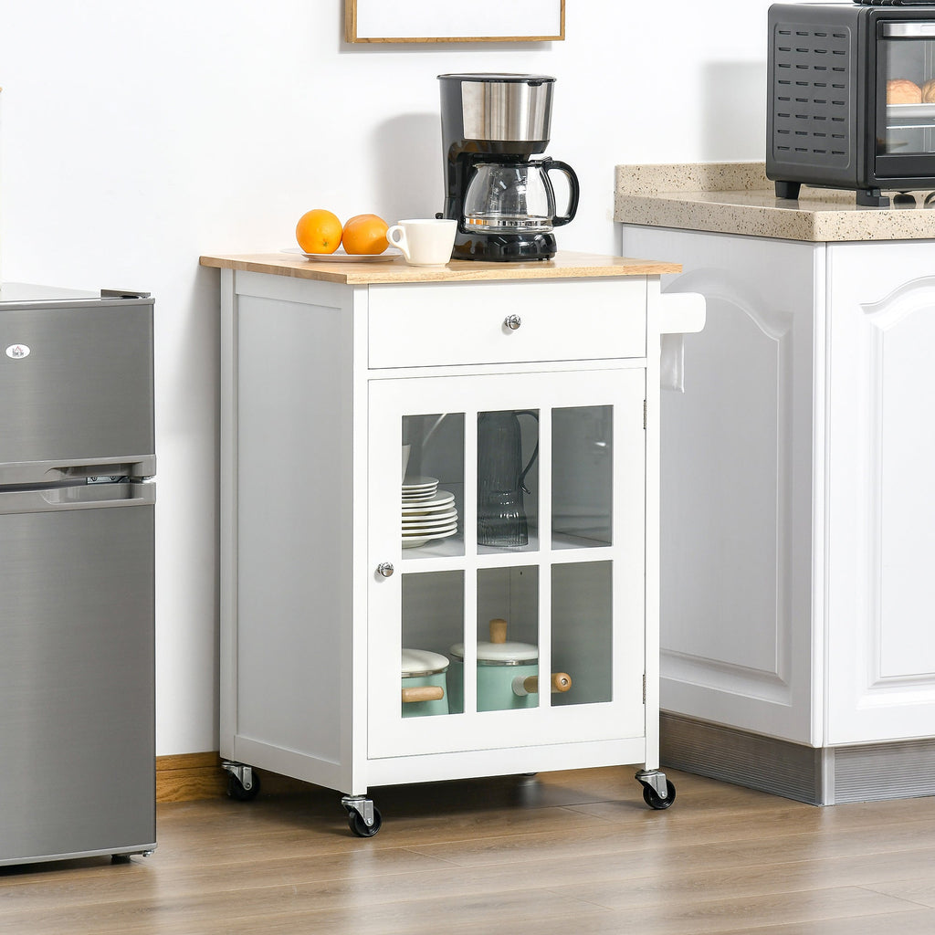 Multiuse saving kitchen cart with drawer, locker and 4 wheels, in white wood, 67x48x86.5cm - white - Borgè