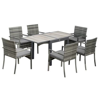 Outsunny garden set with extendable table and 6 chairs with cushions in Rattan PE, Grey and brown