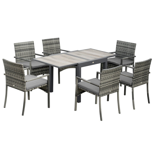 Outsunny garden set with extendable table and 6 chairs with cushions in Rattan PE, Grey and brown - Borgè