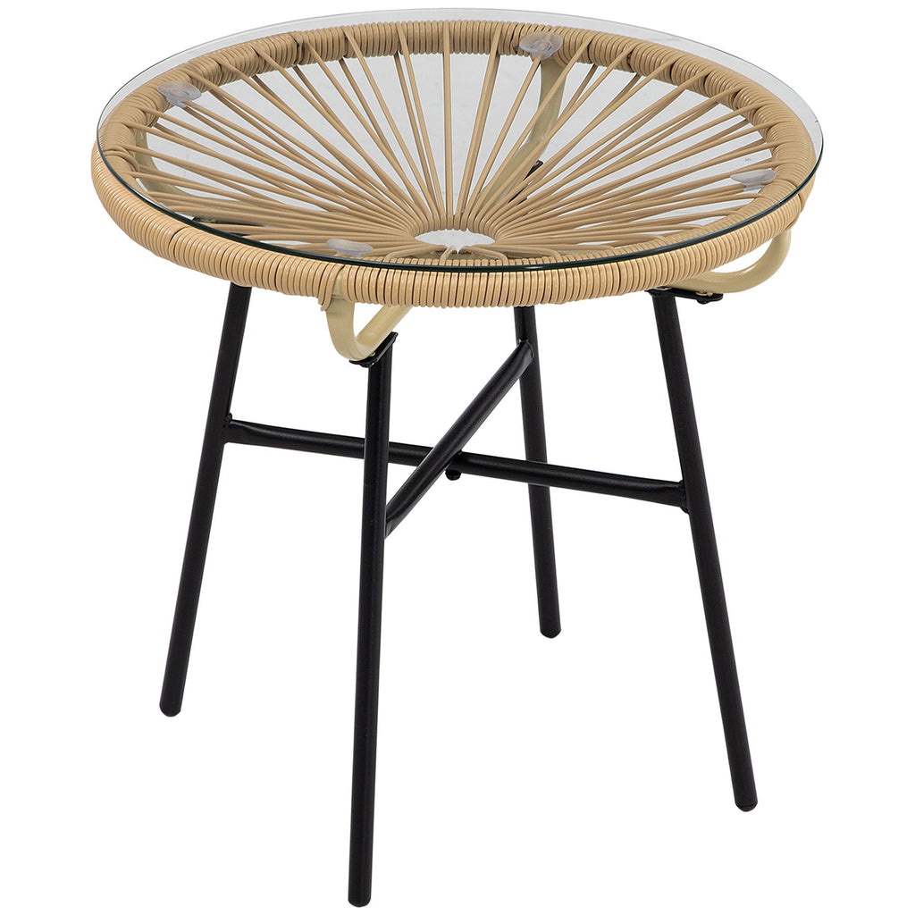 Round Garden Coffee Table Boho Style PE Rattan and Glass, Ø50x50cm, Beige - Borge' Group Limited