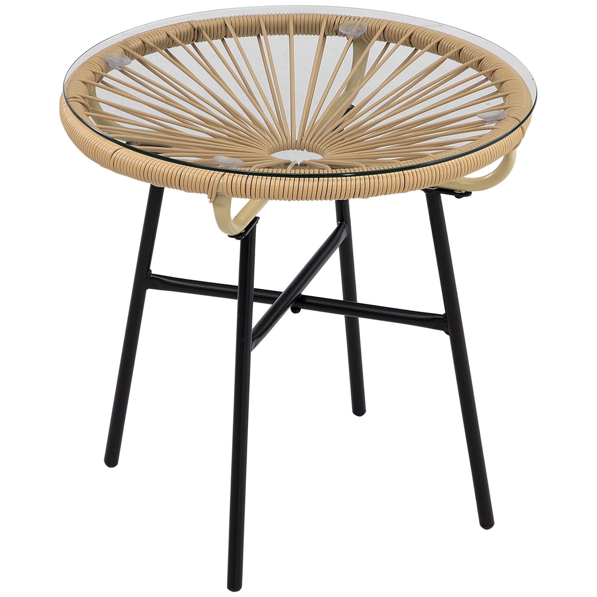 Round Garden Coffee Table Boho Style PE Rattan and Glass, Ø50x50cm, Beige - Borge' Group Limited