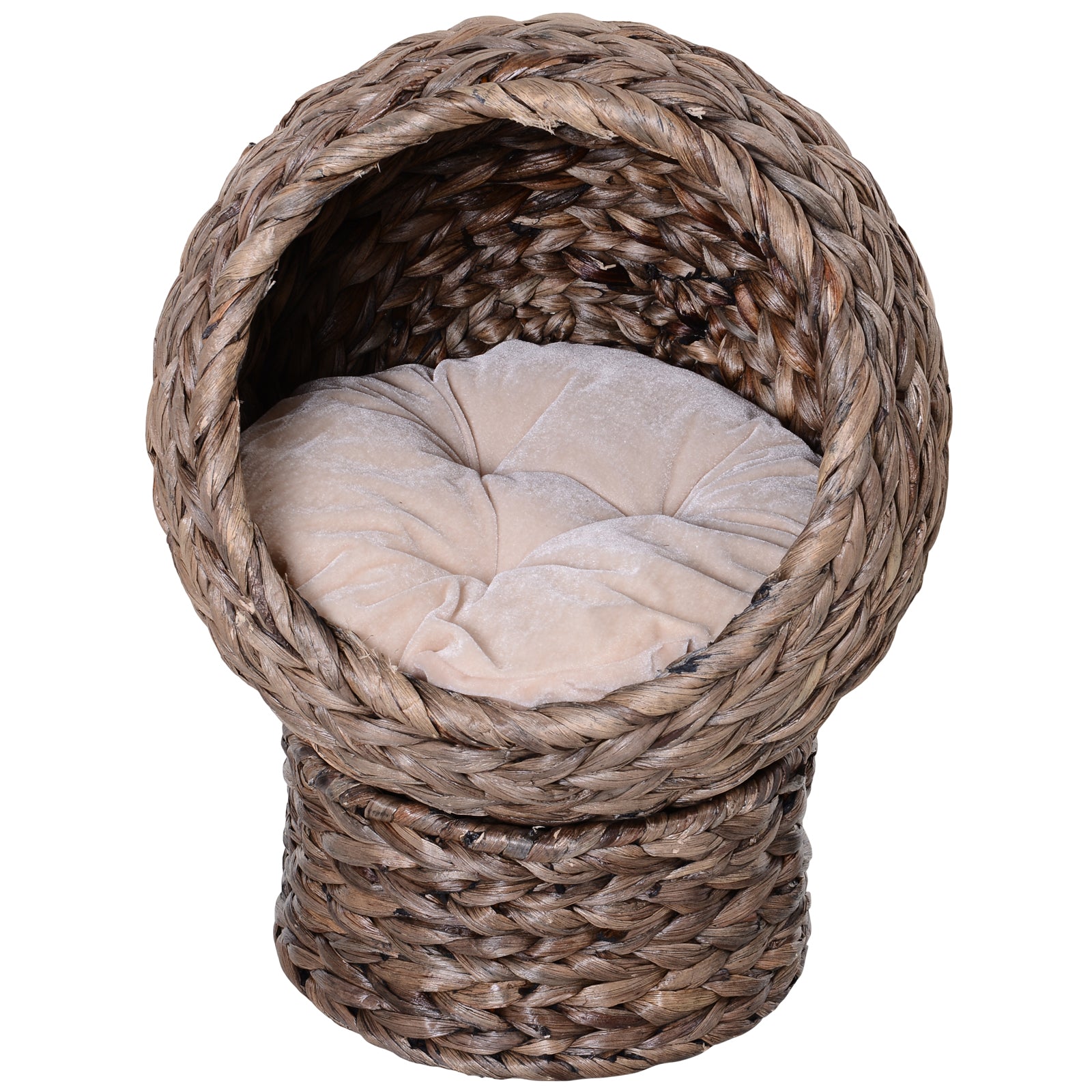Raised Cat Bed with Cushion, Natural Banana Leaf House, Beige and Brown, 42x33x52cm - Borge' Group Limited