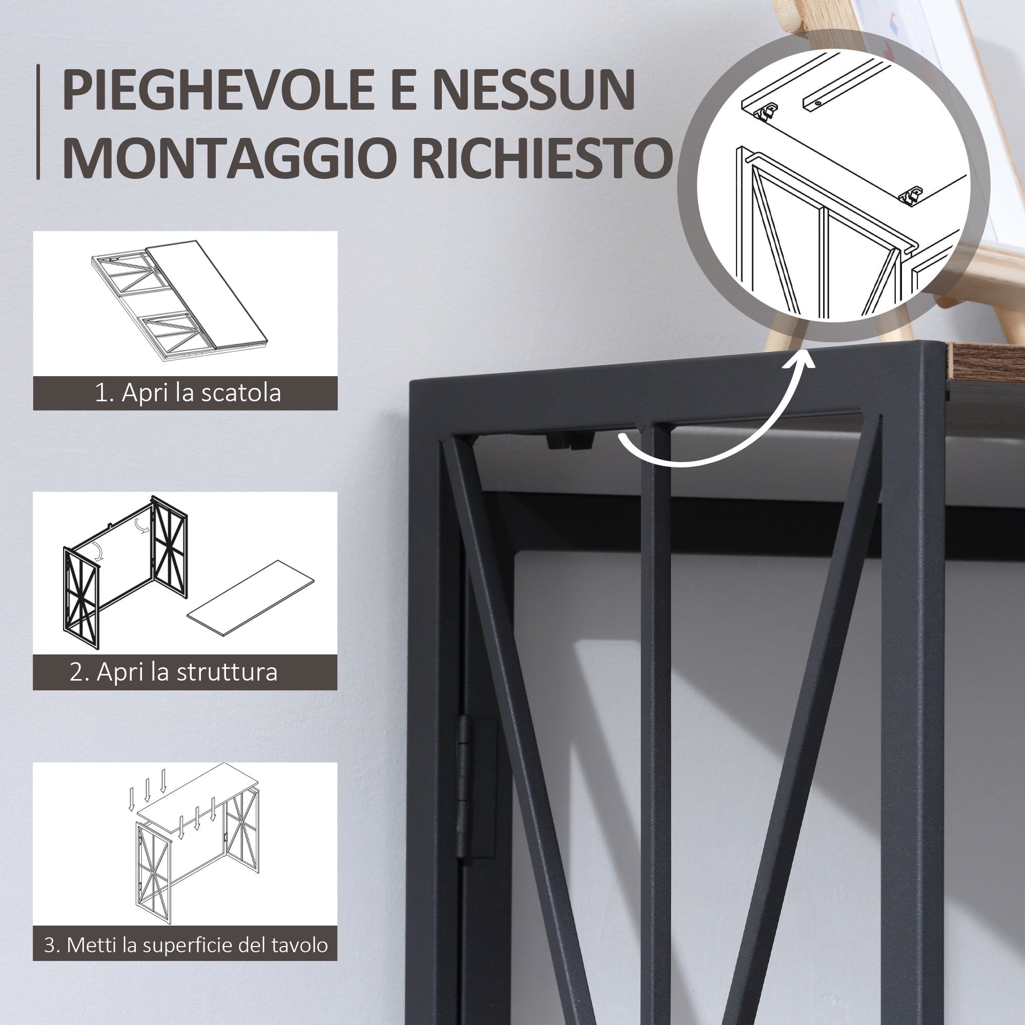 Table Consolidation of Entrance Industrial Style Folding Wood and Metal, 100x38x80cm, Marrone - Borgè