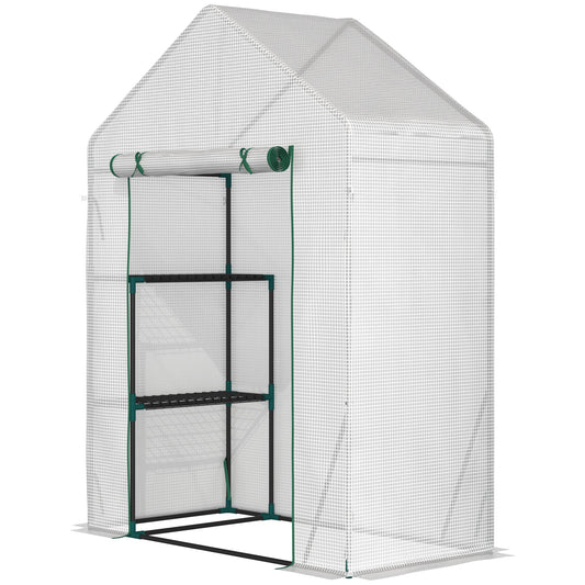 Outsunny Outdoor Garden Greenhouse in PE and Steel with 2 Shelves and Roller Door, 143x73x195 cm, White - Borgè