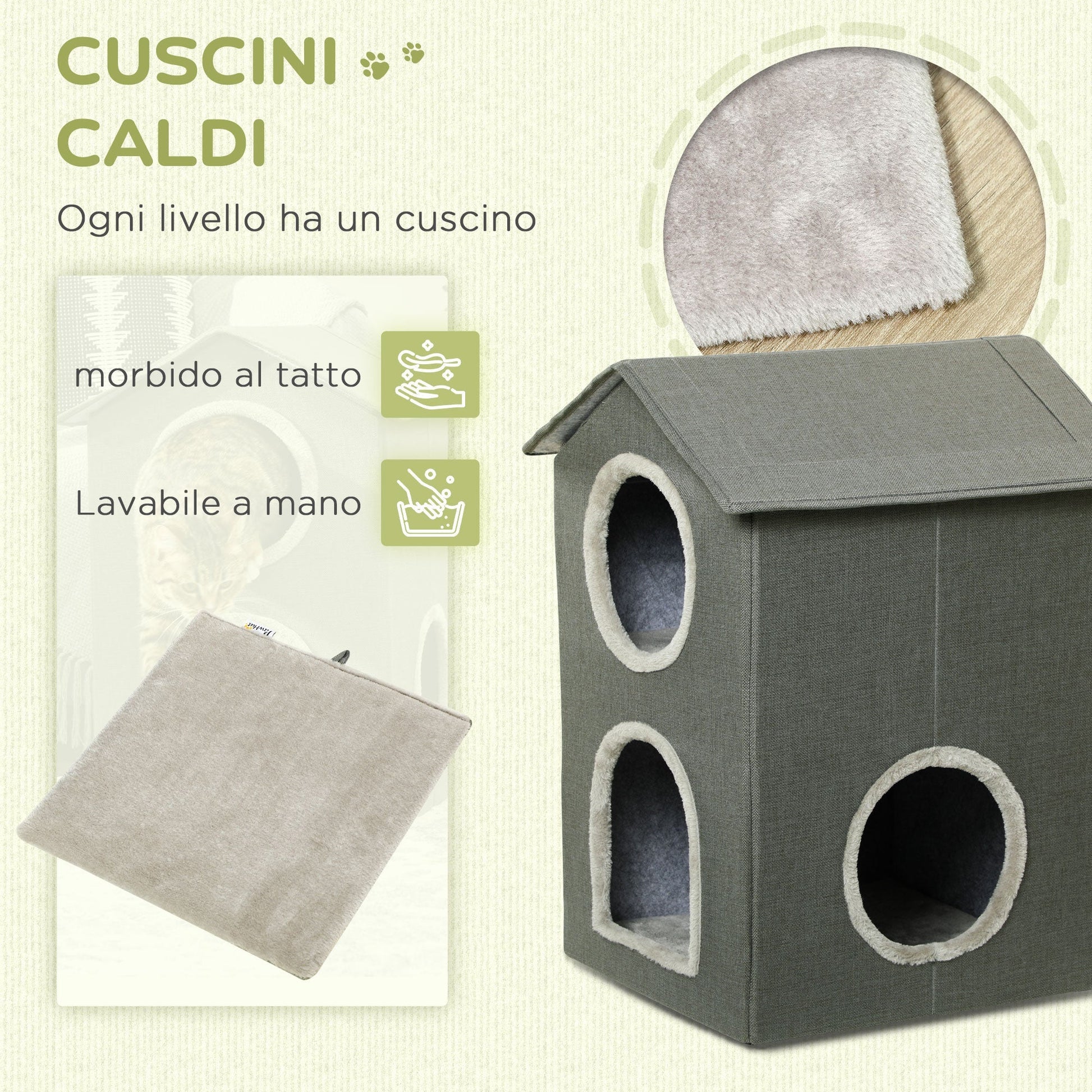 PAWHUT two -level cat house with washable cushions 3 entrances, 42x46x59.5 cm, Grey - Borgè