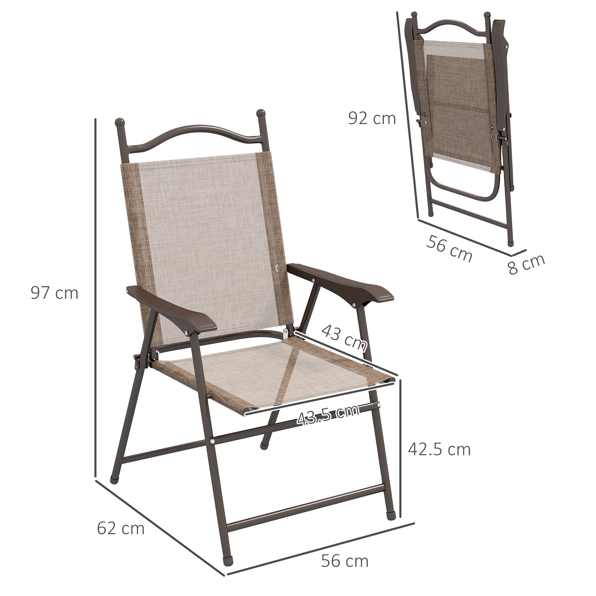 Outsunny set 2 Garden folding chairs with armrests and session in breathable fabric, brown - Borgè