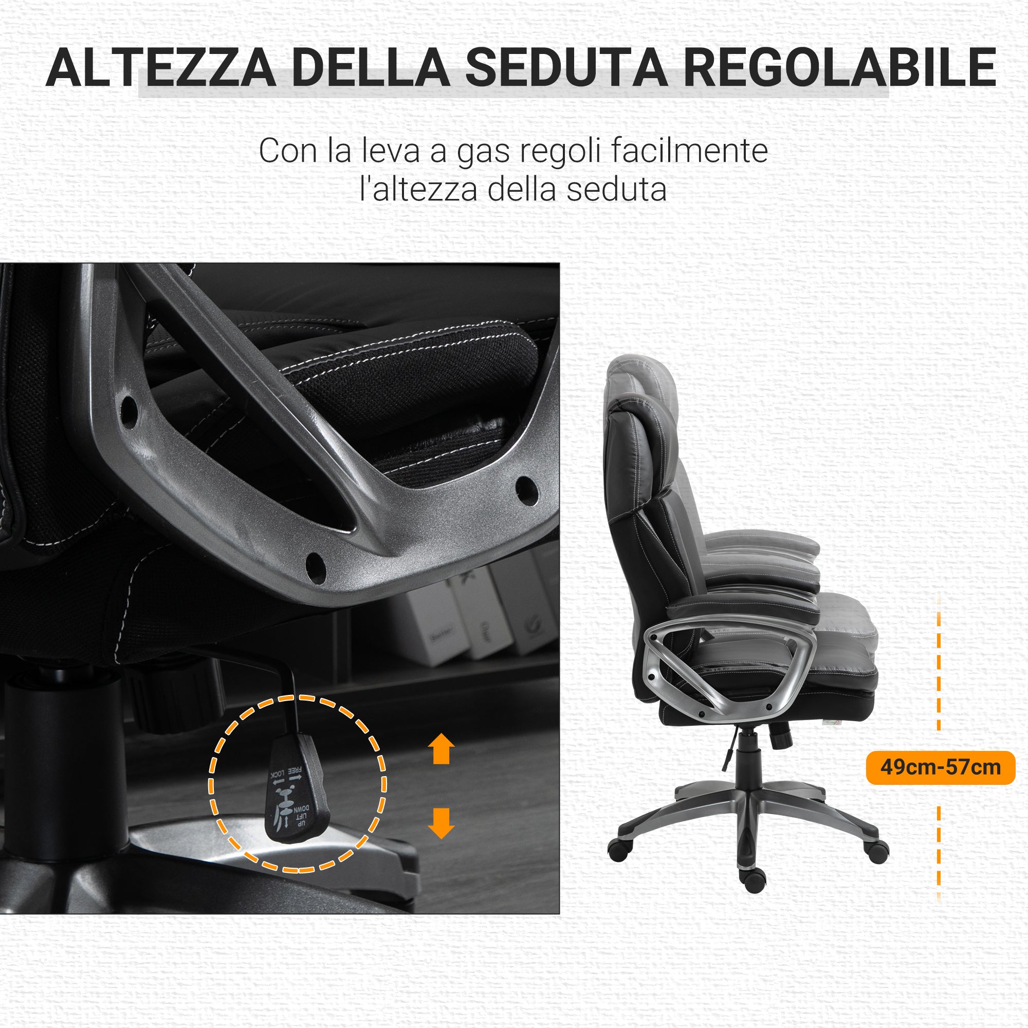 Ergonomic office armchair with headrest, adjustable height and swing, swivel chair with wheels, 68x76x117-125cm, black - Borgè