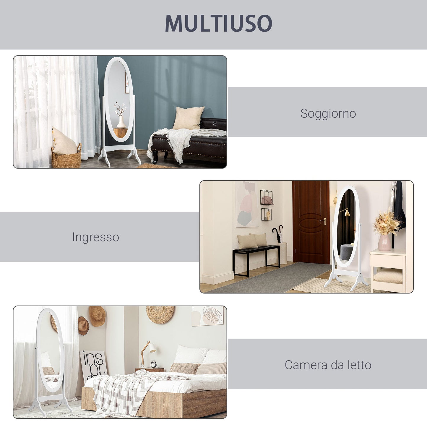 mirror from the ground to full figure with adjustable inclination, self -supporting mirror - white - Borgè