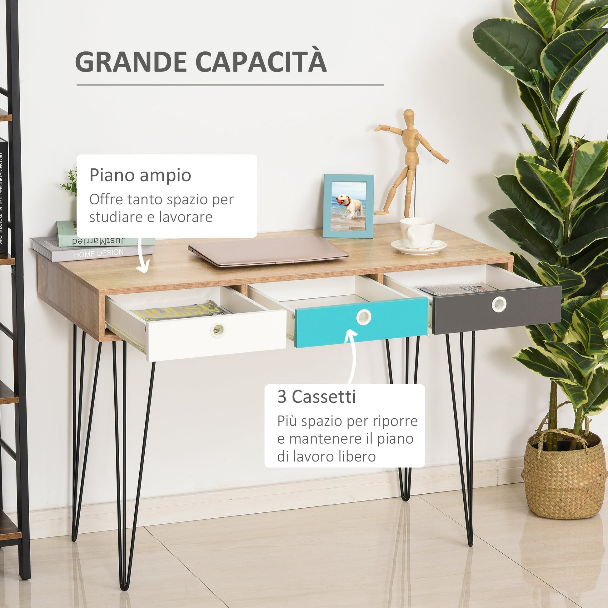 desk with a Nordic design with 3 wooden and metal drawers - Borgè