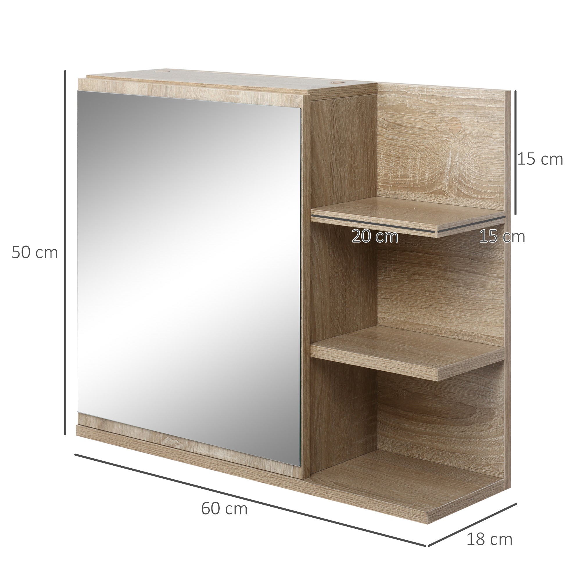 Kleankin Wall Bathroom Mirror With Door And 3 Wooden Side Shelves, 60x18x50cm - Borgè
