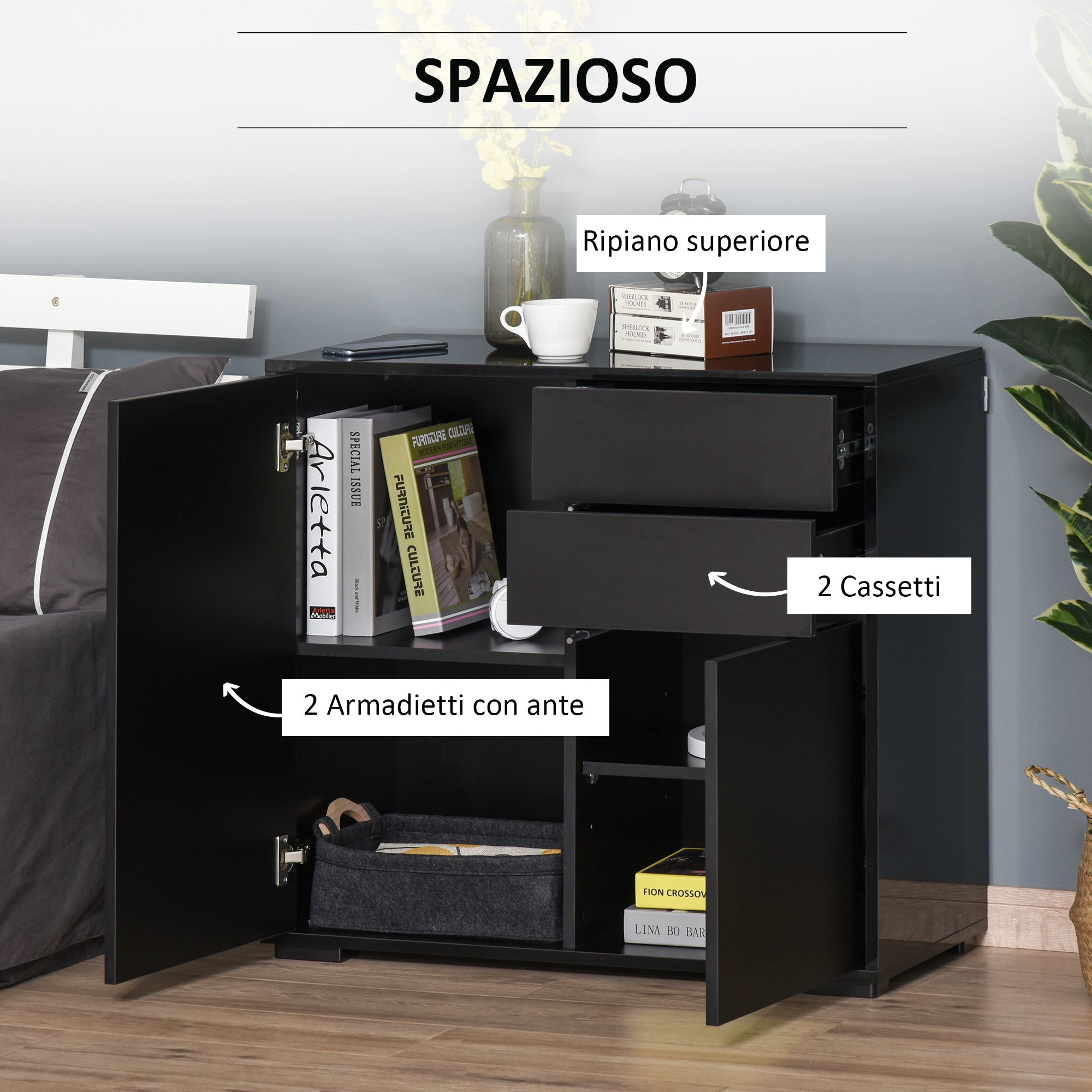 Multiuse cabinet with 2 drawers and 2 lockers, pressure opening, home and office furniture, 79x36x74cm - Borgè