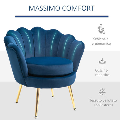 SEASHELL Design Blue Velvet Chamber Armchair With Back | 76x67x74cm - Borgè