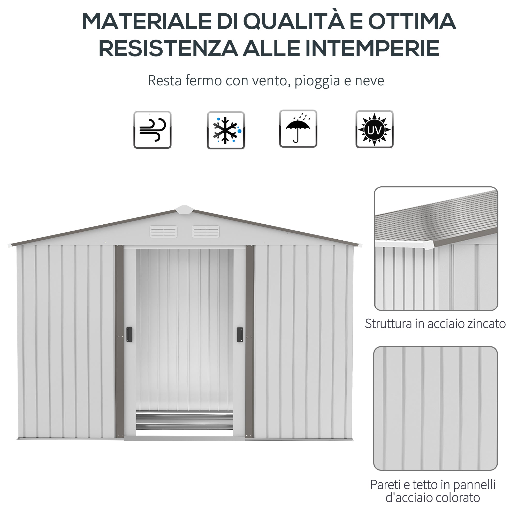 Outsunny garden house with double sliding doors, in steel and pp, 277x195x192cm, silver - Borgè