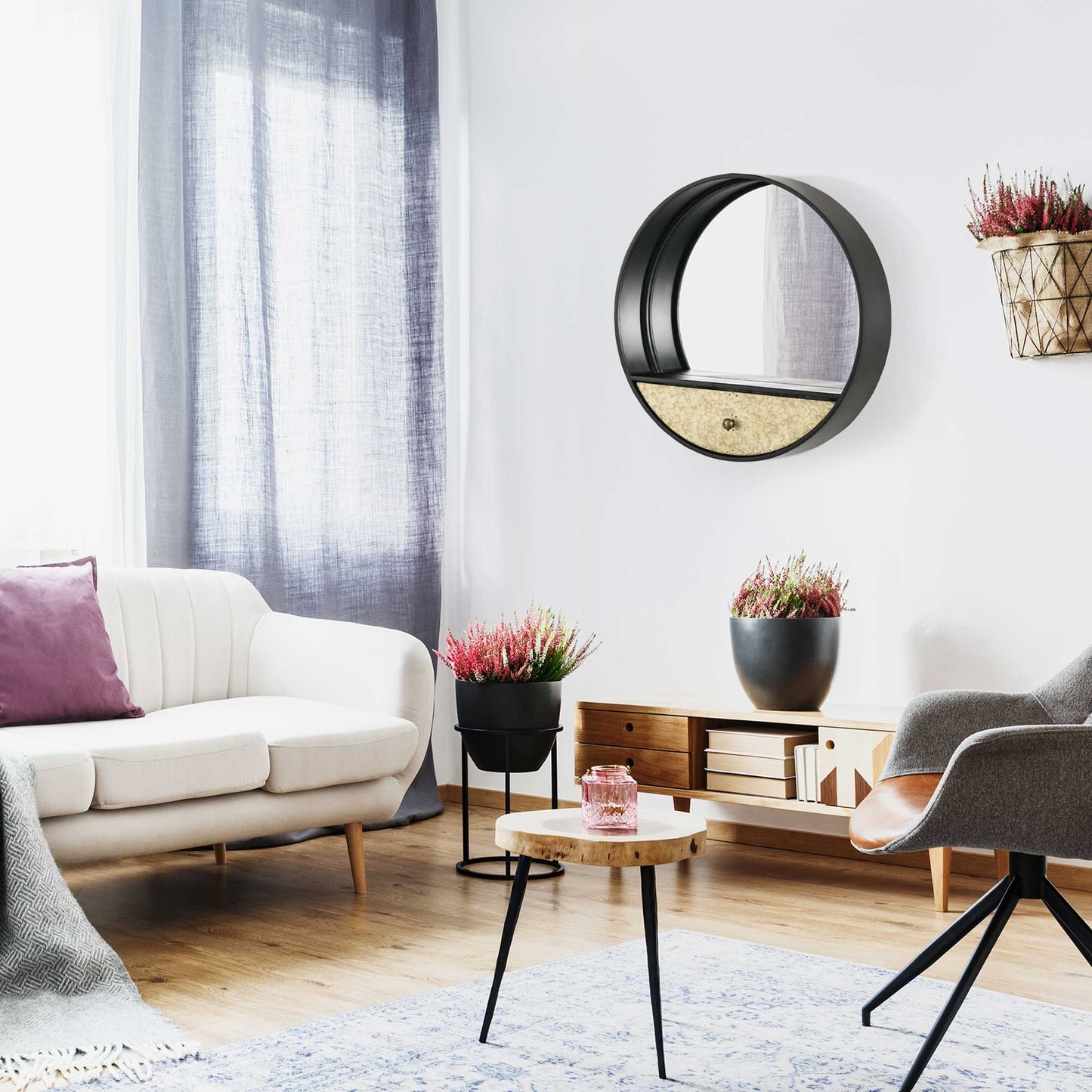 round wall mirror Ø61cm with drawer and black metal frame - Borgè