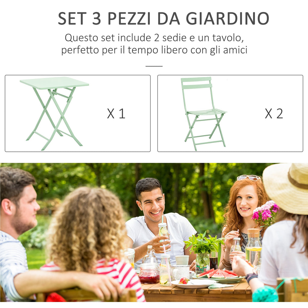 Green Metal Garden and Outdoor Table and Chair Set, 3-Piece Folding and Space-Saving Set - Borge' Group Limited