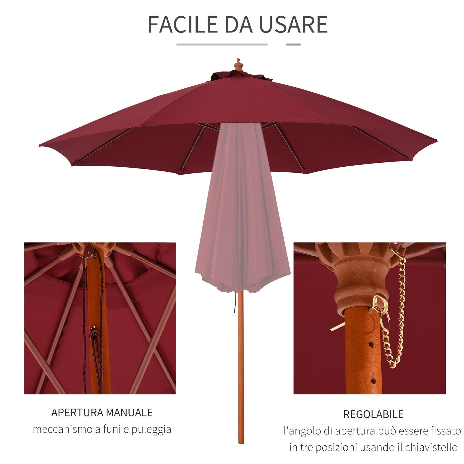 2.5x2.5m Garden Umbrella with Red Polyester Windproof Canopy and Wooden Pole - Borge' Group Limited