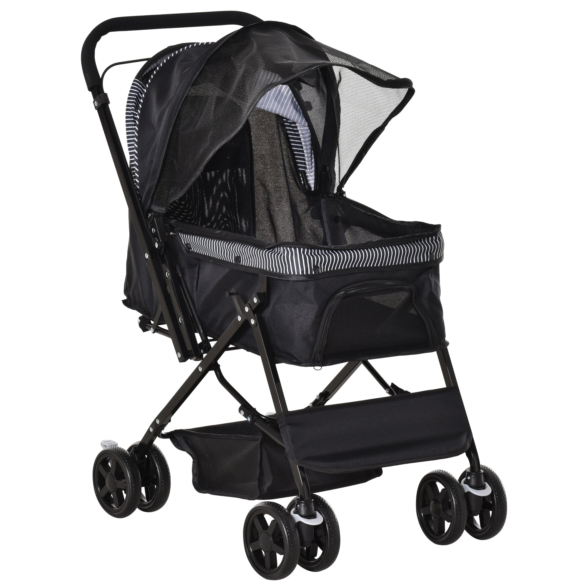 Foldable Dog Stroller with Swivel Handle and Storage Basket, Black - Borge' Group Limited