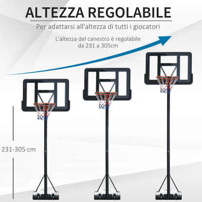 basketball basketball adjustable height 231-305cm, base with wheels and steel structure, transparent PVC scoreboard -nero - Borgè